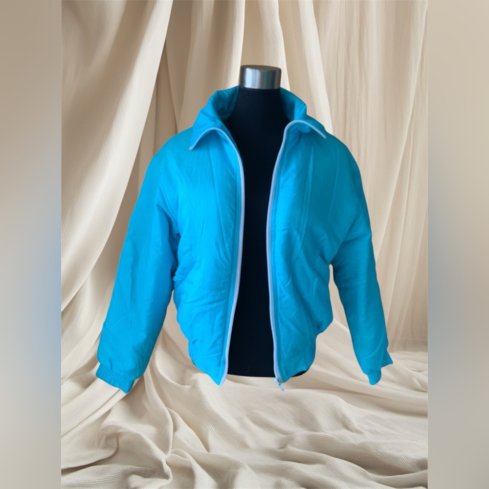 Vintage 90s Blue Puffer Bomber Style Jacket Cropped Zip Up Ribbed Sleeves S/M